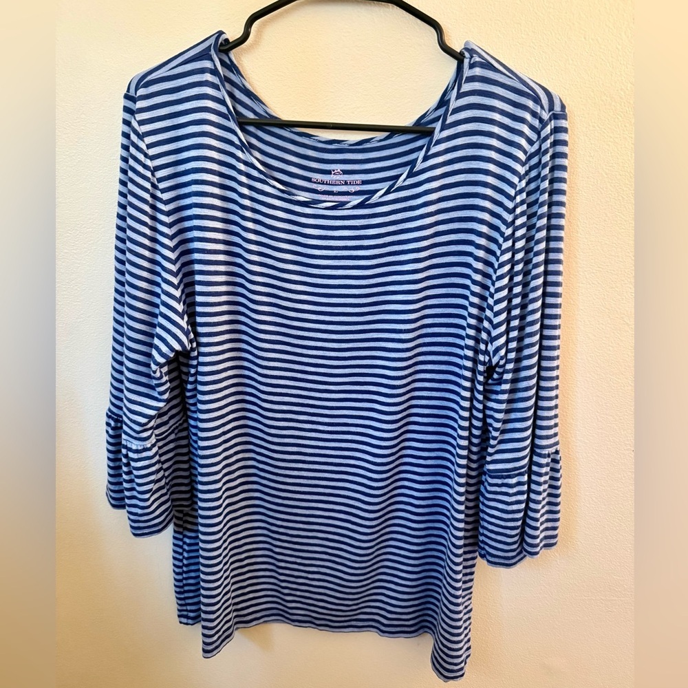 Southern Tide Heather Forever Blue Stripe Knit Ruffle Sleeve Top, Size Large - Picture 2 of 5
